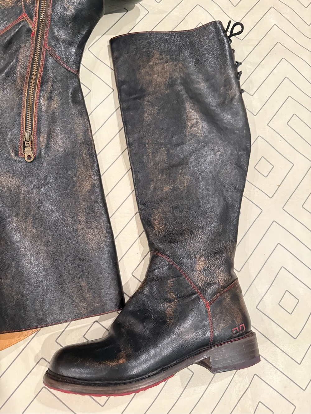 Bed | Stu Distressed Black Leather Riding Boots with Tie Calf - Picture 3 of 14